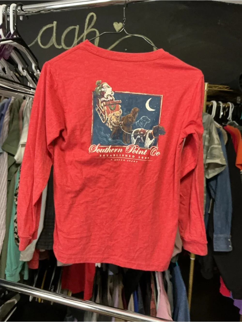 Southern Point Co Christmas Santa Dog Sleigh Long Sleeve Pocket Tee